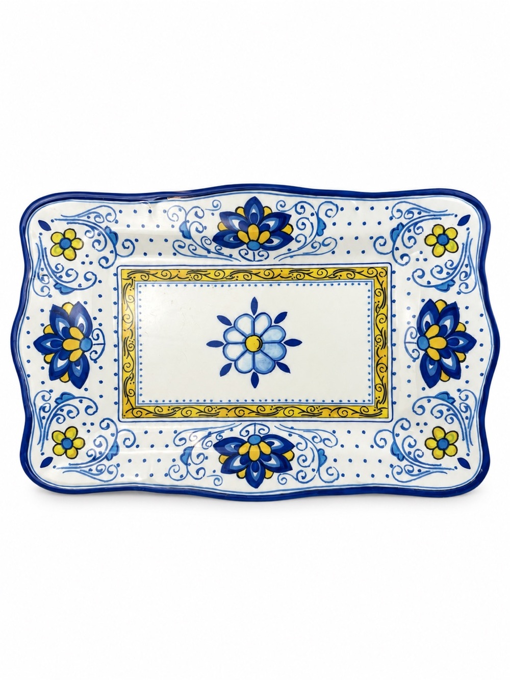 Le Cadeaux Melamine Serving Platter 16” Blue Yellow Floral Rectangular Tray